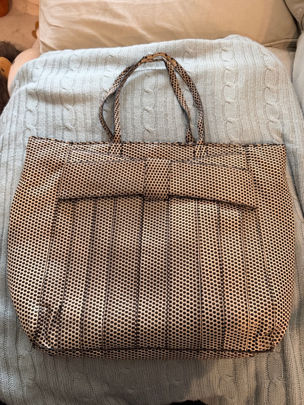 Zac Posen Black and Cream Polka Dot Tote with Front Bow